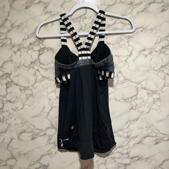 Lululemon Light N Breezy Tank Attached Racerback Bra Top 4 Black Striped Cinch - Picture 3 of 10
